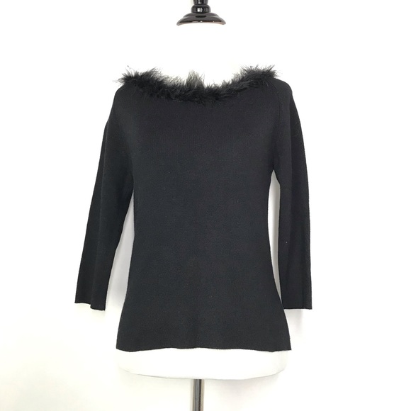 Hillard & Hanson Black Size Small Petite Women’s Feather Trim Sweater Top - Picture 1 of 4